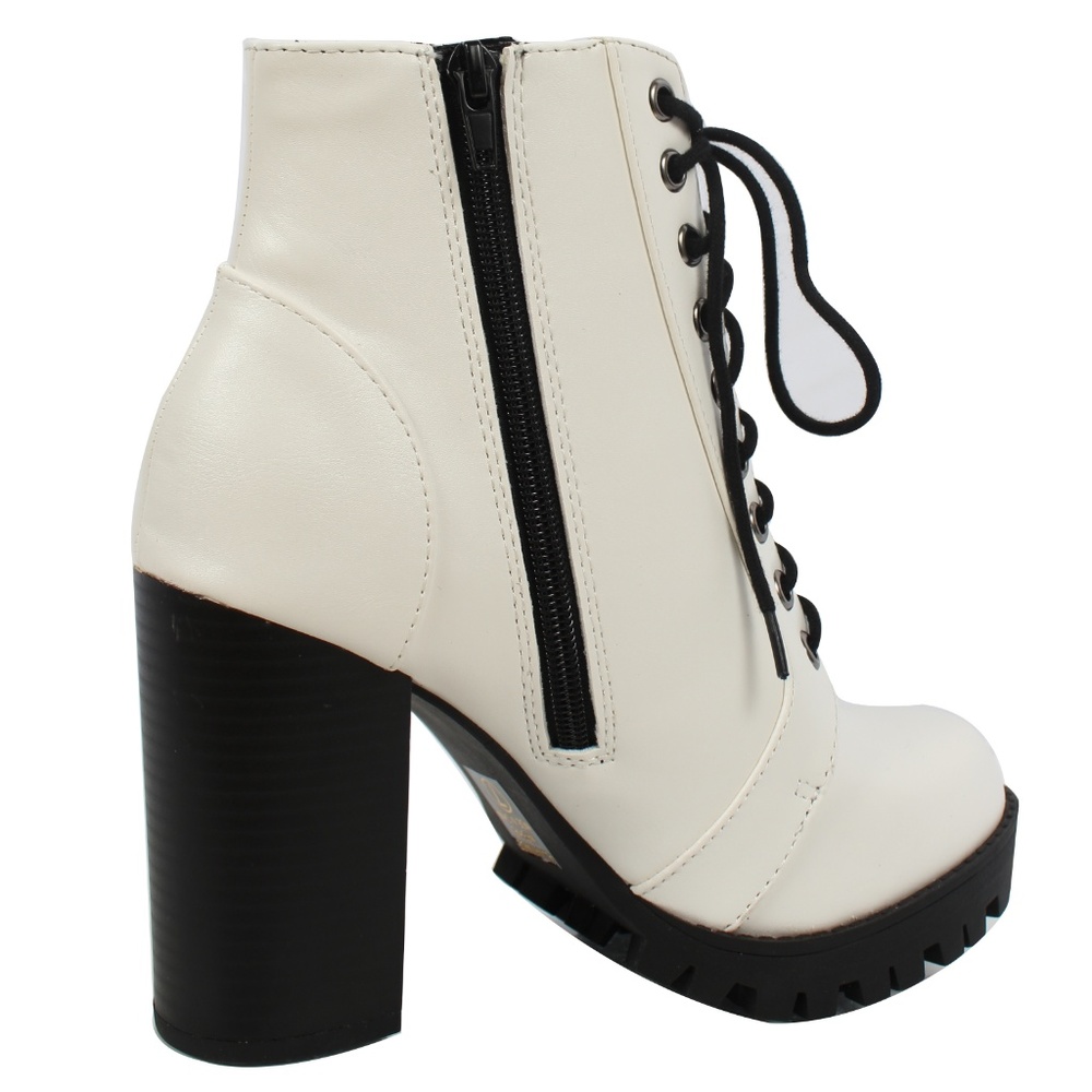 White Lace Up Combat Block Stacked Heel Ankle boot - Picture 3 of 7